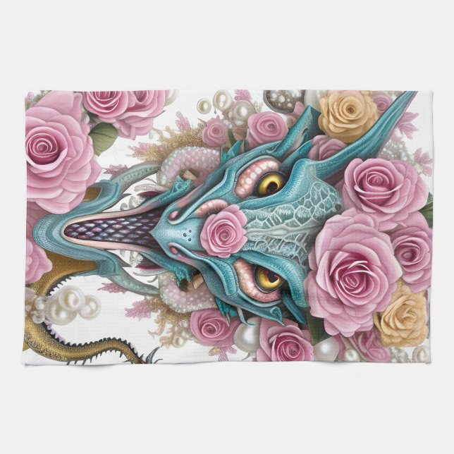 Portrait of a beautiful whimsical pink dragon head tea towel (Horizontal)