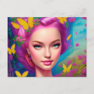 Portrait of a beautiful woman with bright pink postcard