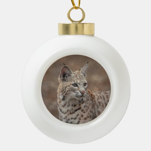 Portrait of a Bobcat Ceramic Ball Christmas Ornament (Front)
