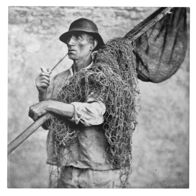 Portrait of a Fisherman Carrying his Nets (b/w pho Tile (Front)