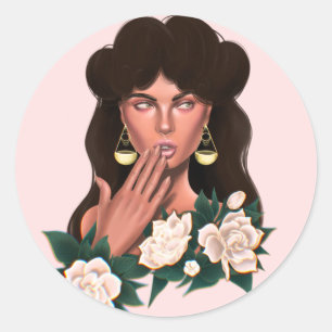 Portrait of a Floral beautiful black Woman Illustr Classic Round Sticker
