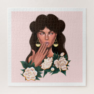 Portrait of a Floral beautiful black Woman Illustr Jigsaw Puzzle