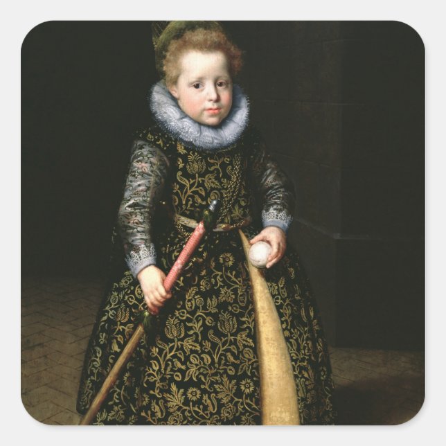 Portrait of a four-year old boy with club and square sticker (Front)