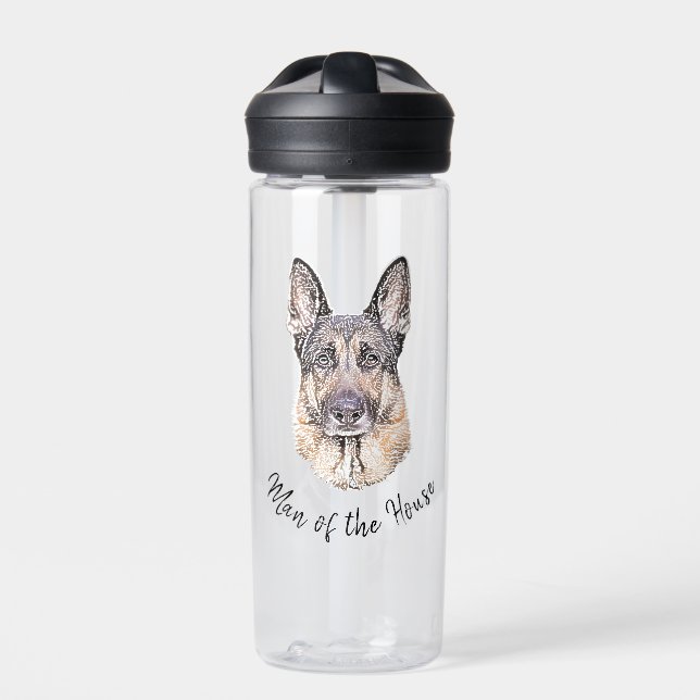 Portrait of a German Shepherd Dog Sketched Art Water Bottle (Front)