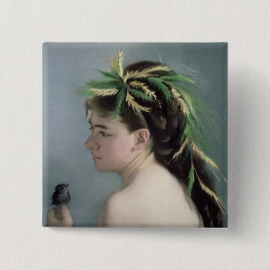 Portrait of a Girl holding a Sparrow 15 Cm Square Badge