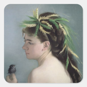 Portrait of a Girl holding a Sparrow Square Sticker
