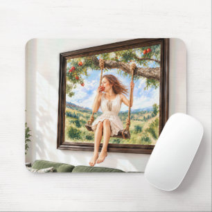 Portrait of a Girl on an Apple Tree Swing Mouse Mat