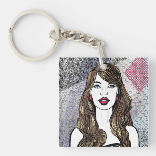 Portrait of a girl with long brown hair key ring