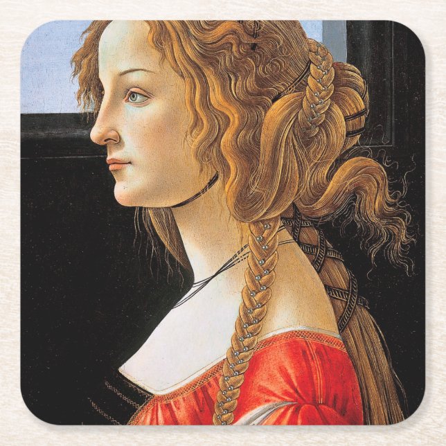 Portrait of a Lady, Sandro Botticelli Square Paper Coaster (Front)