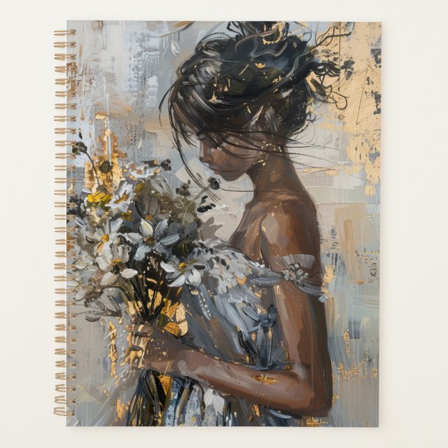 Portrait of a Lady with Flowers Gold and White Planner (Front)