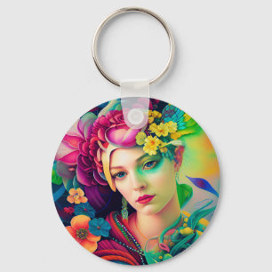 Portrait of a Woman Adorned with Flowers Key Ring