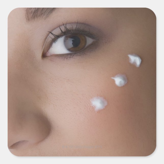 Portrait of a young woman with cream on her square sticker (Front)