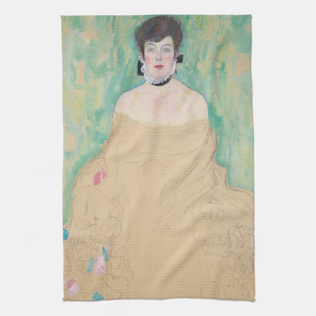 Portrait of Amalie Zuckerkandl by Gustav Klimt Tea Towel (Vertical)