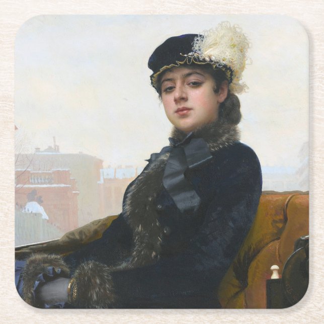 Portrait of an Unknown Woman, Ivan Kramskoi Square Paper Coaster (Front)