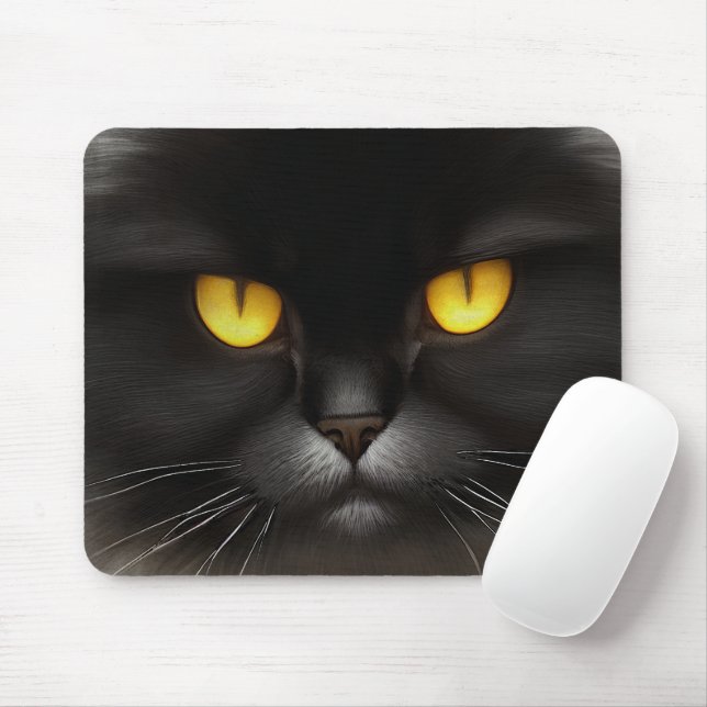 Portrait of Angry Fluffy Black Persian Cat Face Mouse Mat (With Mouse)