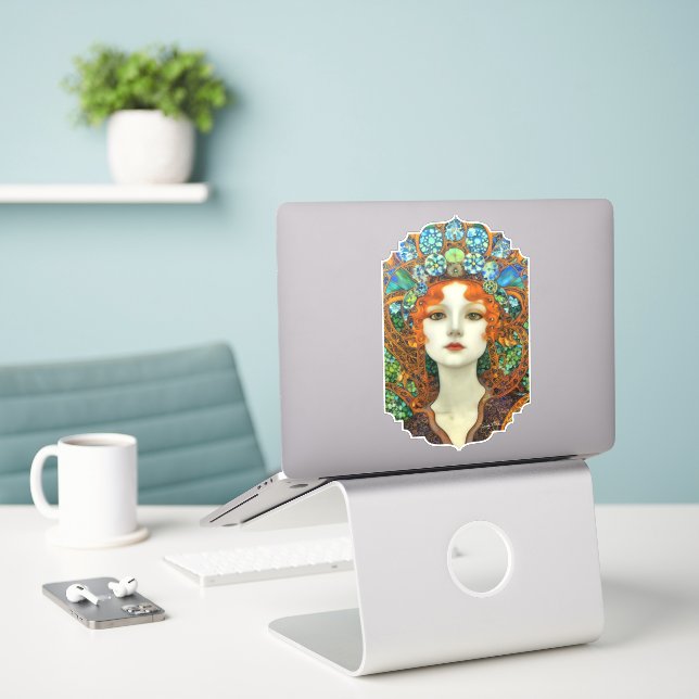 Portrait of Beautiful Woman in Stained Glass Style (Laptop On Desk)