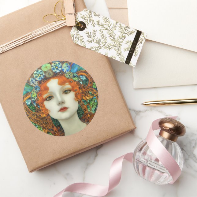 Portrait of Beautiful Woman in Stained Glass Style Classic Round Sticker (Gifting)