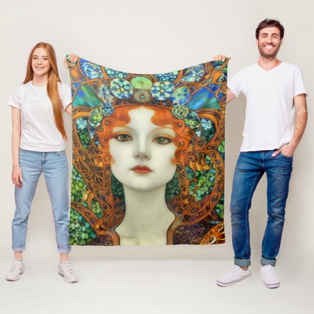 Portrait of Beautiful Woman in Stained Glass Style Fleece Blanket (In Situ)