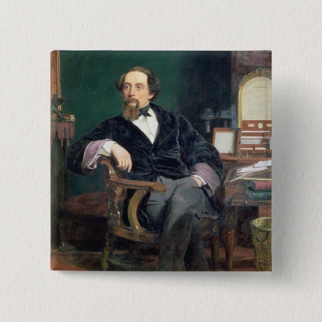 Portrait of Charles Dickens (oil on canvas) 15 Cm Square Badge (Front)