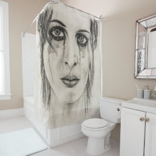 Portrait of crying girl - Drawing in pencil Shower Curtain