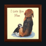 portrait of cute puppy beagle cuddling mum dog gift box<br><div class="desc">This very cute picture of a puppy beagle cuddling up to his mum is so endearing, the look in the little pups eyes is irresistible, he really does love his mum. I think this beautiful gift box makes a special presant for any mum who loves cute animal pictures, especially a...</div>