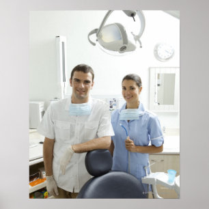 Portrait of dentist and his assistant in a poster