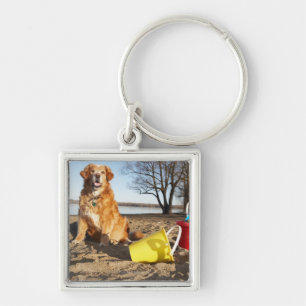 Portrait of dog at beach with sand toys, Ottawa, Key Ring