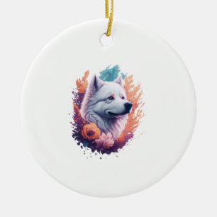 Portrait of Dog - Samoyed Flowers Splash Ceramic Tree Decoration
