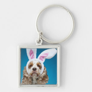 Portrait of dog wearing Easter bunny ears Key Ring