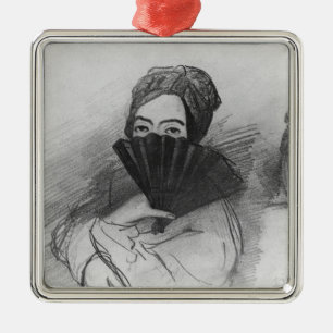 Portrait of George Sand behind her fan Metal Tree Decoration