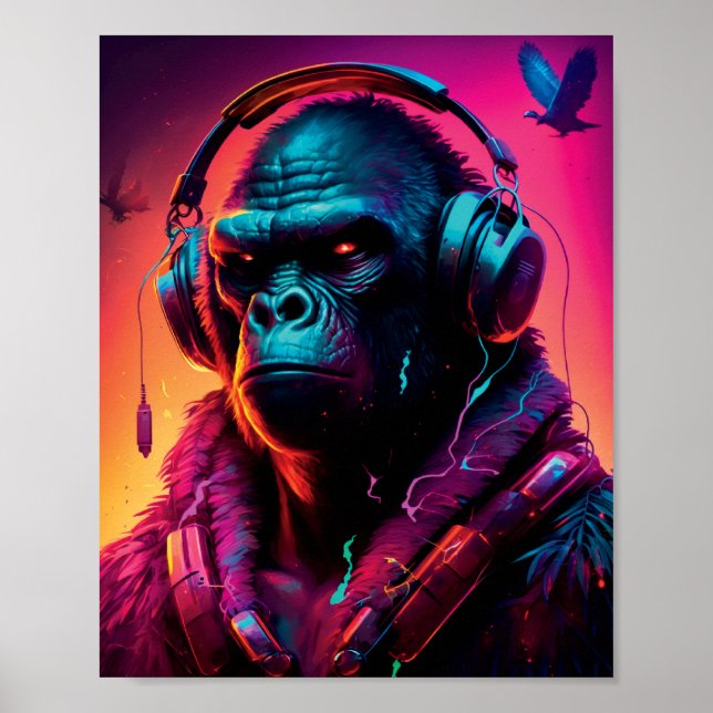 Portrait Of Gorilla Wearing A Headphones Poster (Front)