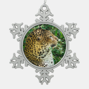 Portrait of Javan leopard seen from profile  Snowflake Pewter Christmas Ornament