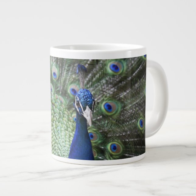 Portrait Of  Peacock With Feathers Out Large Coffee Mug (Front Right)