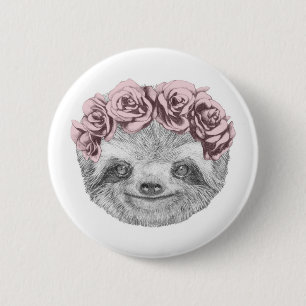 Portrait Of Sloth   Floral Head Wreath 6 Cm Round Badge