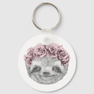Portrait Of Sloth   Floral Head Wreath Key Ring
