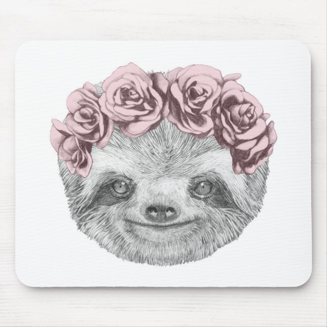Portrait Of Sloth | Floral Head Wreath Mouse Mat (Front)