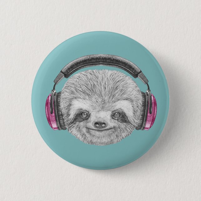 Portrait Of Sloth | Wearing Headphones 6 Cm Round Badge (Front)