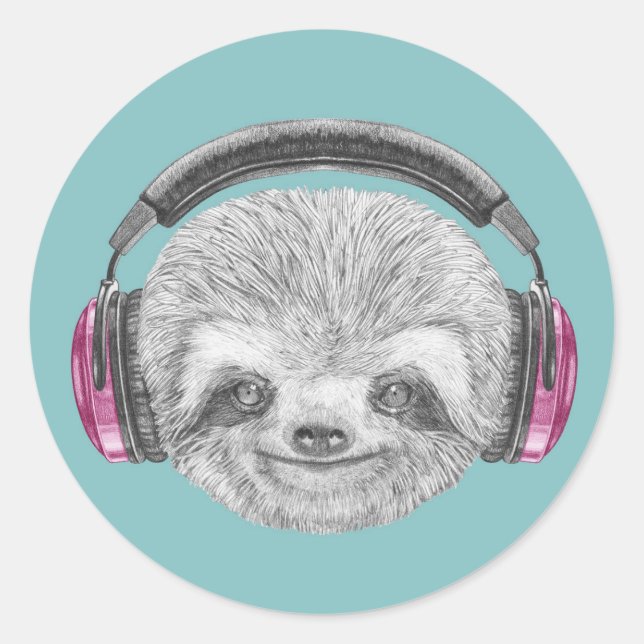 Portrait Of Sloth | Wearing Headphones Classic Round Sticker (Front)