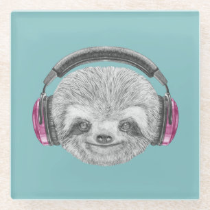 Portrait Of Sloth   Wearing Headphones Glass Coaster