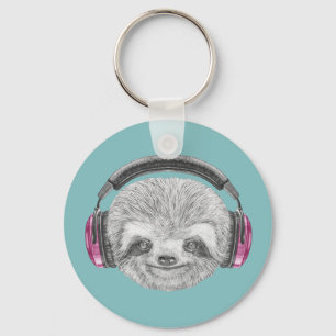Portrait Of Sloth   Wearing Headphones Key Ring