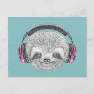 Portrait Of Sloth   Wearing Headphones Postcard