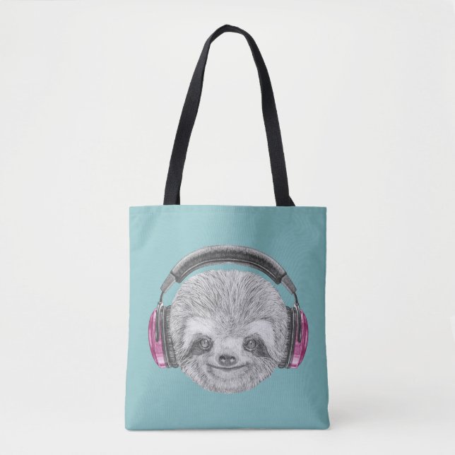 Portrait Of Sloth | Wearing Headphones Tote Bag (Front)
