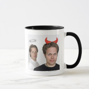 Portrait of Twin Brothers Dressed Like Devil and Mug