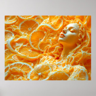 Portrait of Woman Among Oranges – Fresh Fruit Art Poster