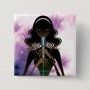 Portrait of woman holding microphone 15 cm square badge