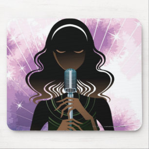 Portrait of woman holding microphone mouse mat