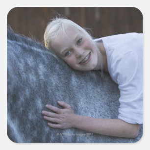 portrait of young girl on white horse square sticker