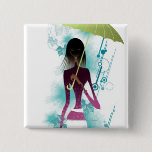 Portrait of young woman holding purse and umbrella 15 cm square badge