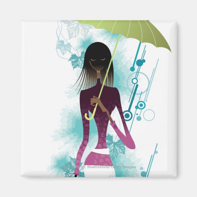 Portrait of young woman holding purse and umbrella magnet (Front)