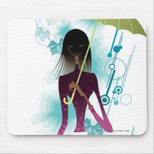 Portrait of young woman holding purse and umbrella mouse mat